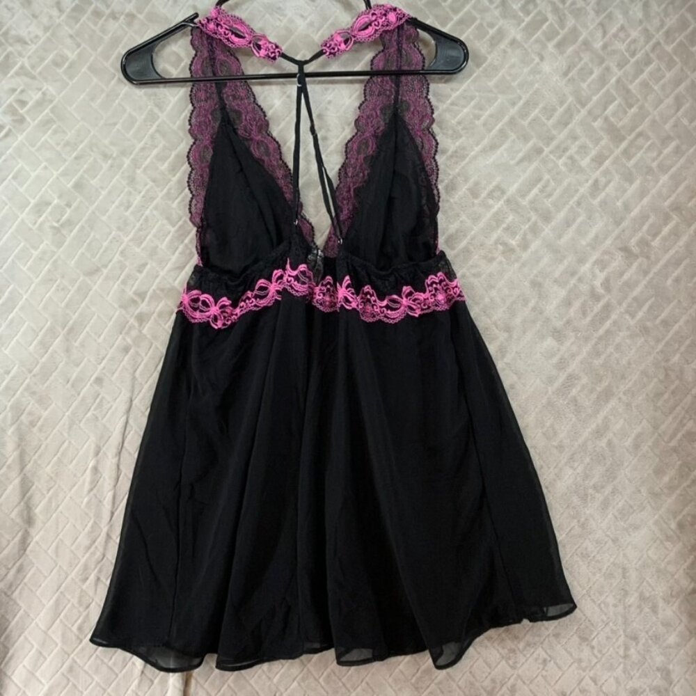 Womans Large Lingerie Top Black Pink Lace Fit & Flare Adjustable Strappy Sleeve - Picture 8 of 11